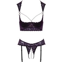Hebe plus Straps-String ouvert aus Lila-Stretch-Spitze mit schwarzen Details